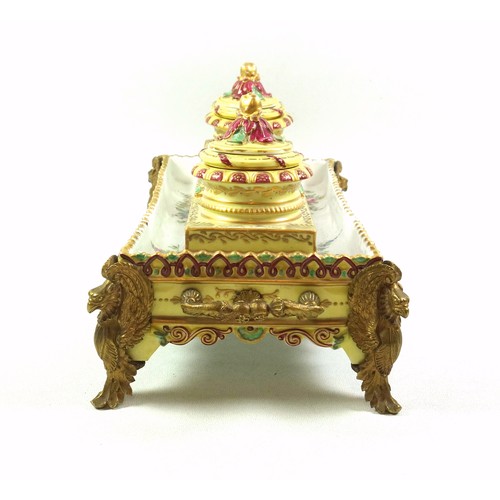 747 - Late 19th Century French Neoclassical porcelain inkstand with printed floral decoration, and scrolls... 