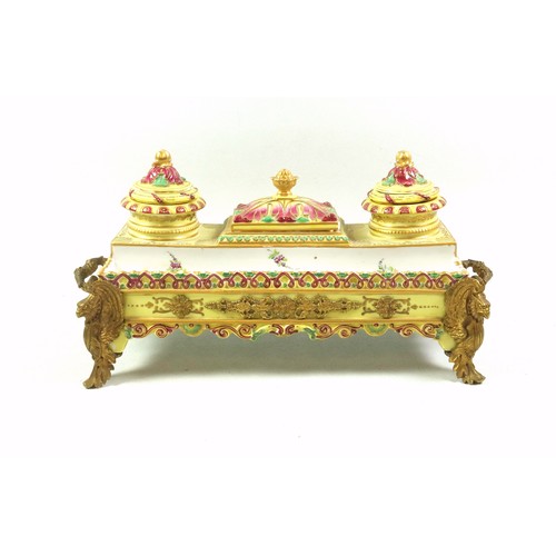 747 - Late 19th Century French Neoclassical porcelain inkstand with printed floral decoration, and scrolls... 