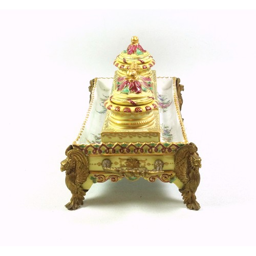 747 - Late 19th Century French Neoclassical porcelain inkstand with printed floral decoration, and scrolls... 