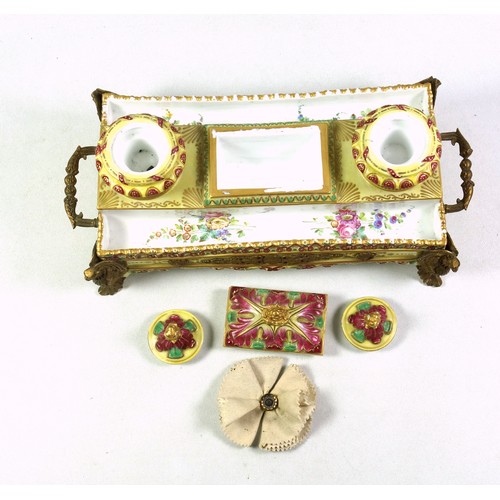 747 - Late 19th Century French Neoclassical porcelain inkstand with printed floral decoration, and scrolls... 