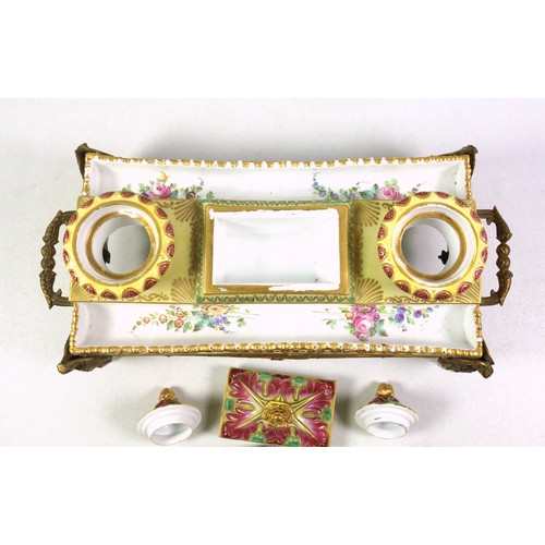 747 - Late 19th Century French Neoclassical porcelain inkstand with printed floral decoration, and scrolls... 