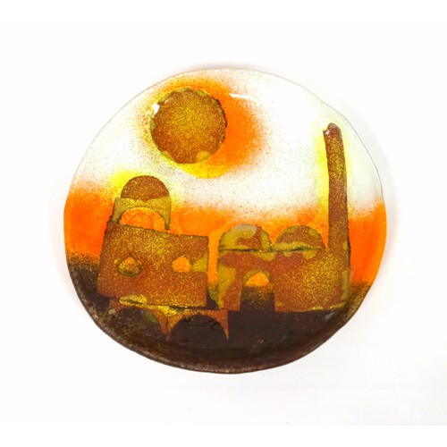 849 - Hannah Bahral (Israeli, contemporary), a fused glass dish depicting the sun over Jerusalem, 26cm dia... 