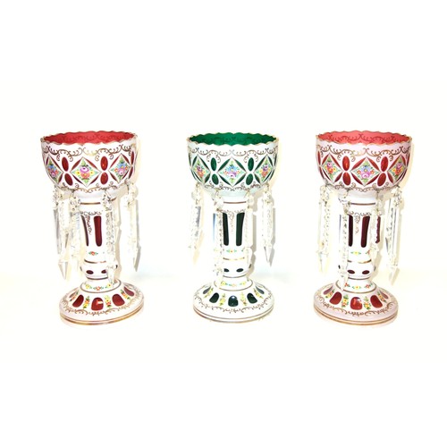 852 - Pair of late 19th Century Bohemian white overlay cranberry glass lustres with floral and gilt decora... 