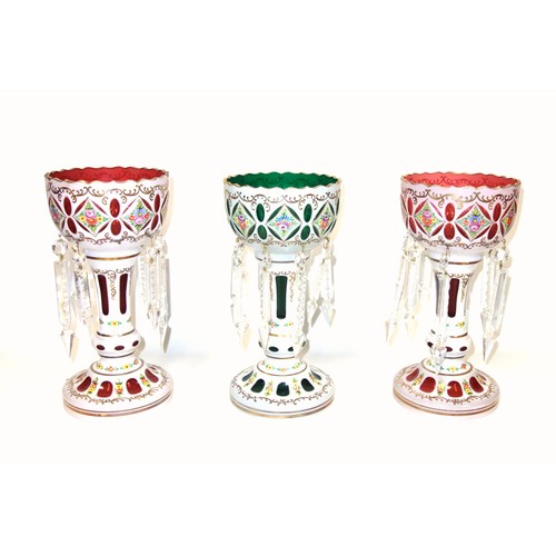 852 - Pair of late 19th Century Bohemian white overlay cranberry glass lustres with floral and gilt decora... 