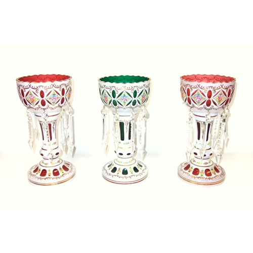 852 - Pair of late 19th Century Bohemian white overlay cranberry glass lustres with floral and gilt decora... 