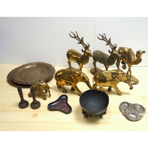 376 - Brass model of a Dromedary on an oval base, 23.8cm; pair of elephants, pair of stags, and other item... 