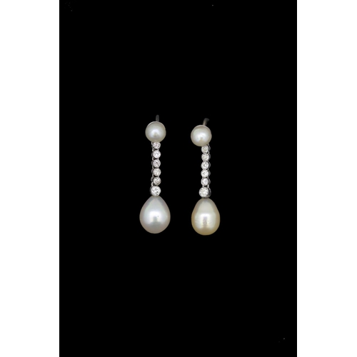20 - IMPORTANT PAIR OF NATURAL PEARL AN DIAMOND DROP EARRINGS, set with a pearl top, suspending a 6 diamo... 