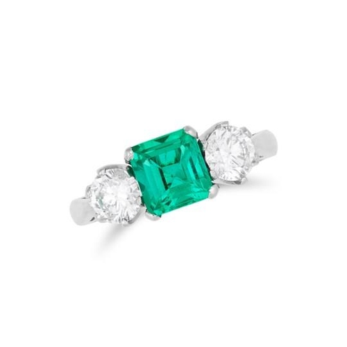 30 - 1.33 ct. COLOMBIAN EMERALD AND DIAMOND RING, set with a square cut Colombian emerald of 1.33 ct. bet... 