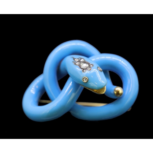 31 - ANTIQUE VICTORIAN ENAMEL AND DIAMOND SNAKE BROOCH, designed as a curled up snake, throughout decorat... 