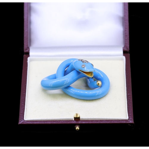 31 - ANTIQUE VICTORIAN ENAMEL AND DIAMOND SNAKE BROOCH, designed as a curled up snake, throughout decorat... 
