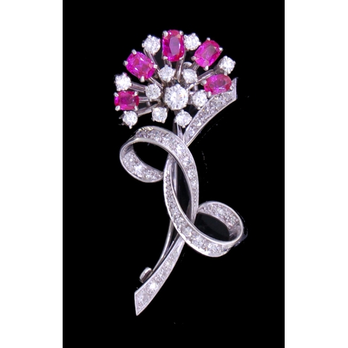 48 - RUBY AND DIAMOND FLORAL BROOCH, set with 5 rubies totalling approx. 2.50 ct. and diamonds totalling ... 