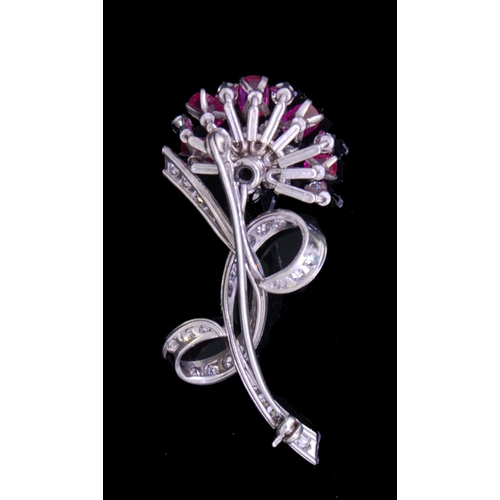 48 - RUBY AND DIAMOND FLORAL BROOCH, set with 5 rubies totalling approx. 2.50 ct. and diamonds totalling ... 