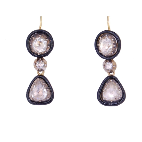 54 - ANTIQUE PAIR OF ENAMEL AND DIAMOND DROP EARINGS, each set with a larger rose cut diamond, suspending... 