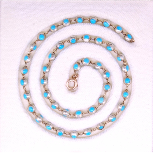 8 - TURQUOISE LINK NECKLACE, precious white metal with 45 links double sided set with cabochon turquoise... 