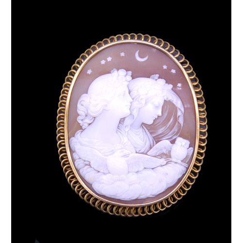 1 - ANTIQUE CARVED SHELL CAMEO, depicting 2 woman an owl and an eagle on a cloud with crescent moon and ... 