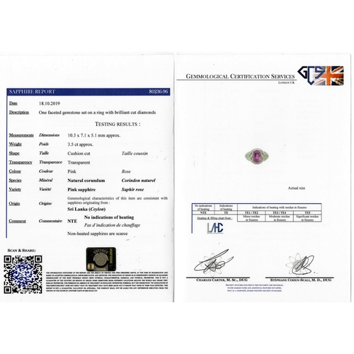 103 - PINK SAPPHIRE AND DIAMOND DRESS RING, set with a central pink sapphire of approx. 3.50 ct. in openwo... 