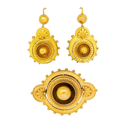 13 - ANTIQUE VICTORIAN BROOCH AND PAIR OF EARRINGS, in precious yelow metal. Each decorated with a shell ... 