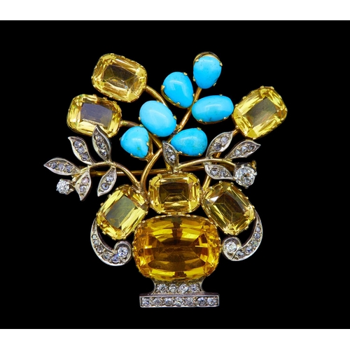 15 - CITRINE, DIAMOND AND TURQUOISE FLORAL BROOCH, designed as a vase with flowers. The vase set with a l... 
