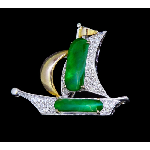 17 - JADE AND DIAMOND SAILING BOAT BROOCH, in 18-ct gold. designed as a sailing boat, set with a jade to ... 