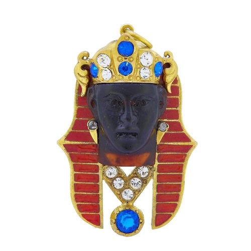 18 - ANTIQUE CARVED ONYX AND ENAMEL PHARAOH PENDANT, the face carved from an oyx, set in a surmount decor... 
