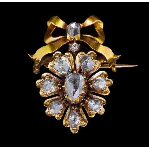 19 - ANTIQUE DIAMOND BROOCH, designed as a diamond set cluster, topped with a diamond set knotted bow. Di... 