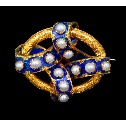 20 - ANTIQUE PEARL AND ENAMEL BROOCH, designed as an oval with a twisted ribon in between, the ribbon dec... 