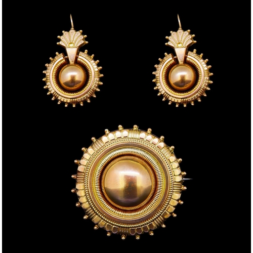 21 - ANTIQUE VICTORIAN BROOCH AND EARRINGS SET, the brooch of round design, with a smooth bulging centre,... 