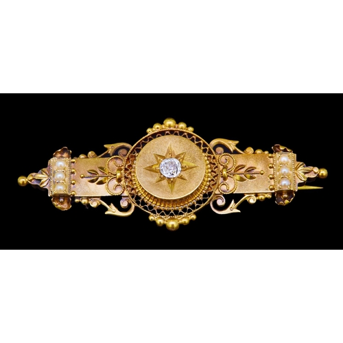 23 - ANTIQUE VICTORIAN DIAMOND AND PEARL BROOCH, set with a diamond to the cneter, surrounde dwth a star ... 