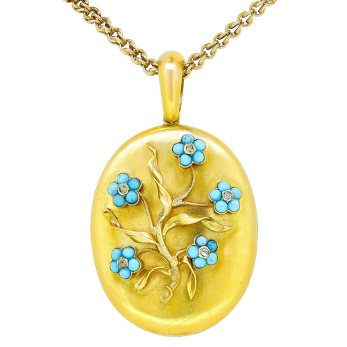 3 - ANTIQUE VICTORIAN PRECIOUS YELLOW METAL LOCKET AND NECKLACE SET WITH TURQUOISE, the locket with flor... 