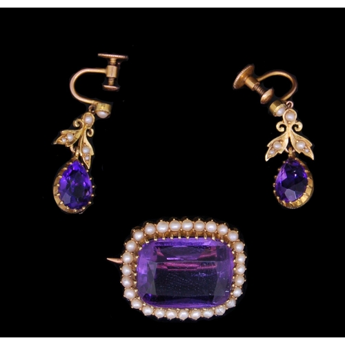 31 - PEARL AND AMETHYST BROOCH AND PAIR OF EARRINGS, the brooch set with an amethyst with a pearl border.... 