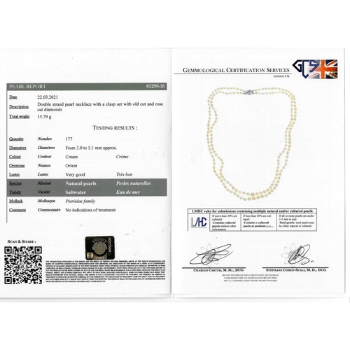 32 - IMPORTANT CERTIFICATED NATURAL SALTWATER PEARL DOUBLE ROW NECKLACE, set with 177 graduated pearls, a... 