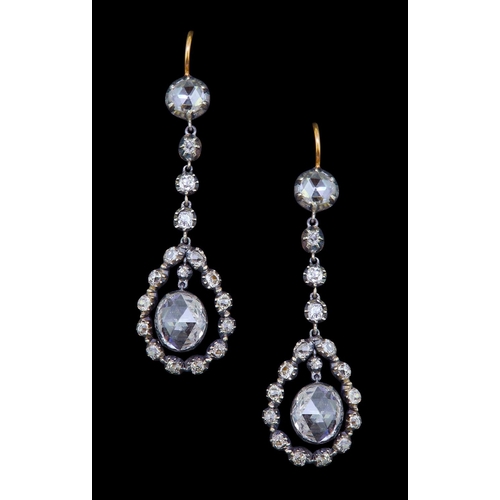 33 - ANTIQUE PAIR OF DIAMOND DROP EARRINGS, the diamond top suspending a diamond line drop, suspending a ... 