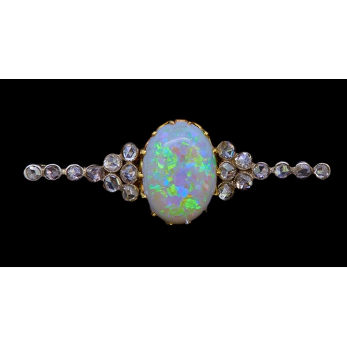 37 - ANTIQUE OPAL AND DIAMOND BROOCH, set to the centre with an oval cabochon cut opal of approx. 5.68 ct... 