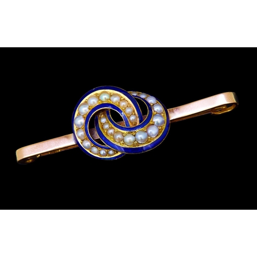38 - ANTIQUE VICTORIAN PEARL AND ENAMEL BROOCH, designed as 2 interlinked circles, both decorated with a ... 