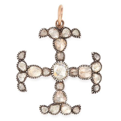46 - AN ANTIQUE DIAMOND CROSS PENDANT, 19TH CENTURY in yellow gold and silver, set with a central rose cu... 