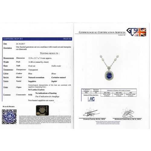 51 - IMPORTANT 14.80 CTL CEYLON NO HEAT BLUE SAPPHIRE AND DIAMOND PENDANT, set to the center with a 14.80... 