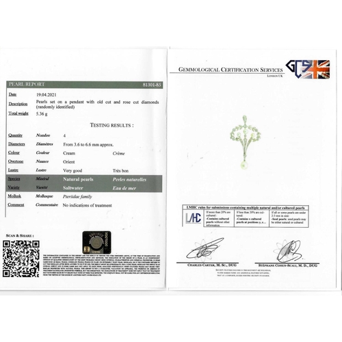 70 - BELLE-EPOQUE NATURAL SALTWATER PEARL AND DIAMOND PENDANT, the pendant of part wreath dsign, set with... 