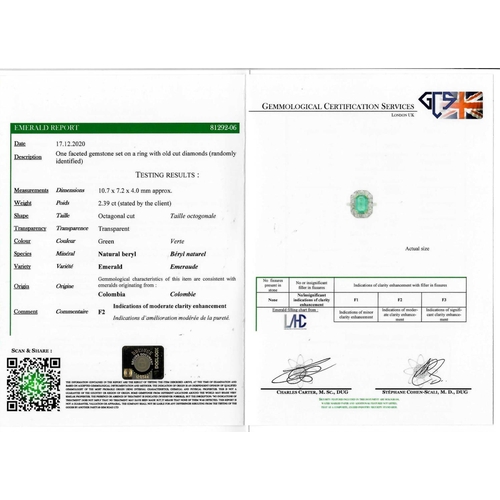98 - IMPORTANT CERTIFICATED 2.39 CT. COLOMBIAN EMERALD AND DIAMOND CLUSTER RING, set with an octagonal cu... 