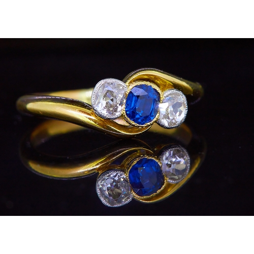 2 - SAPPHIRE AND DIAMOND 3-STONE RING, set with a central blue sapphire of approx. 0.36 ct. flanked by 2... 