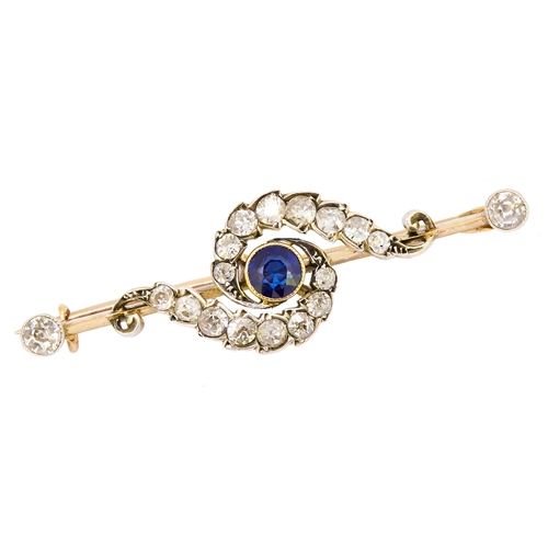 22 - ANTIQUE SAPPHIRE AND DIAMOND BAR BROOCH, set with a central sapphire of approx. 0.45 ct. flanked wit... 