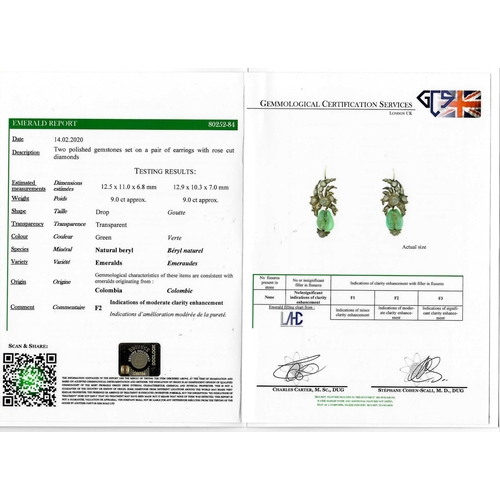 79 - ANTIQUE PAIR OF DIAMOND AND EMERALD DROP EARRINGS, of floral design. The tops set with diamonds tota... 