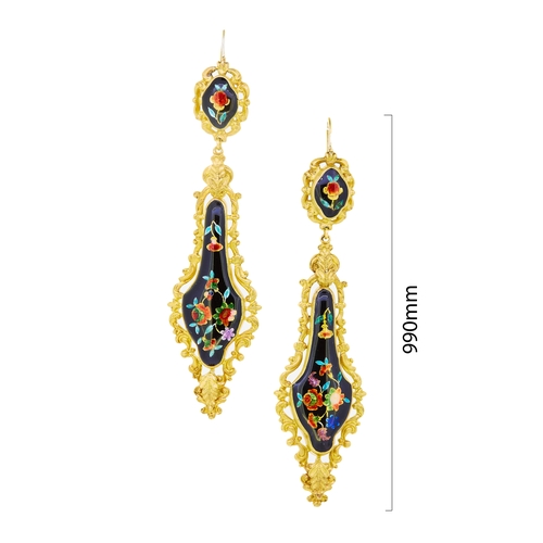 16 - ANTIQUE VICTORIAN PAIR OF ENAMEL DROP EARRINGS, the top set with an floral enameled panel, suspendin... 
