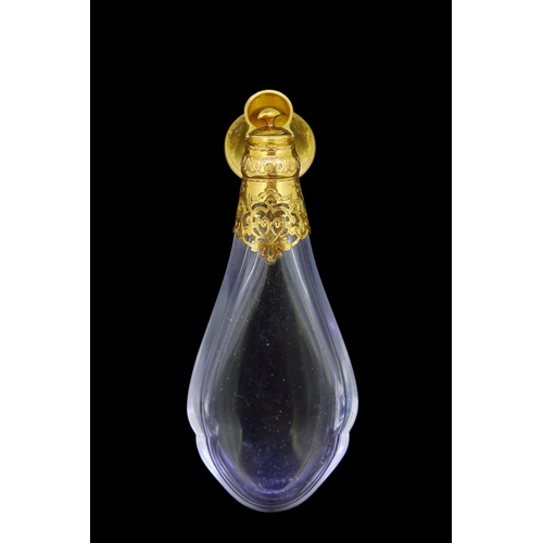 143 - ANTIQUE ROCK CRYSTAL AND GOLD MOUNT PERFUME BOTTLE, the gold mount part of openwork design, with flo... 