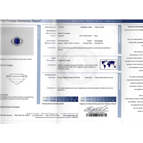 154 - IMPORTANT 7.24 CT CEYLON BLUE SAPPHIRE AND DIAMOND PLATINUM RING, set with a rectangular emerald cut... 