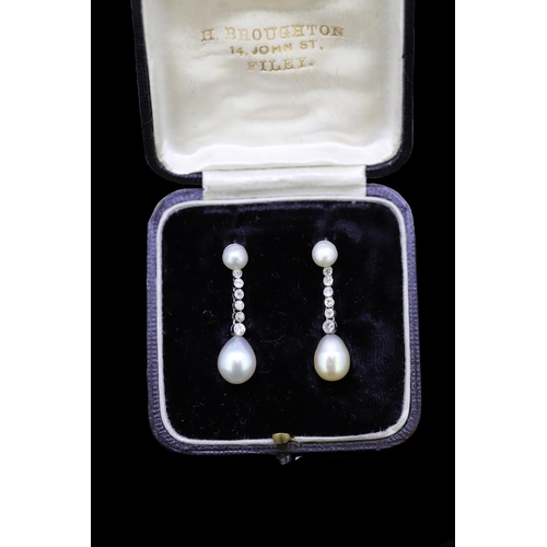 197 - IMPORTANT PAIR OF NATURAL PEARL AN DIAMOND DROP EARRINGS, set with a pearl top, suspending a 6 diamo... 