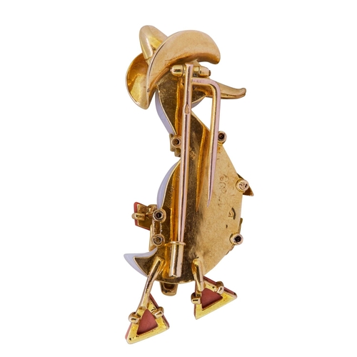 231 - CARTIER, IMPORTANT CALCEDONY, CORAL AND SAPPHIRE DUCK COWBOY BROOCH, the body carved from a single c... 