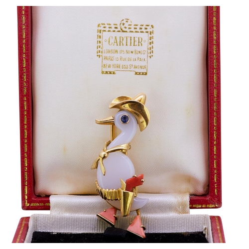 231 - CARTIER, IMPORTANT CALCEDONY, CORAL AND SAPPHIRE DUCK COWBOY BROOCH, the body carved from a single c... 