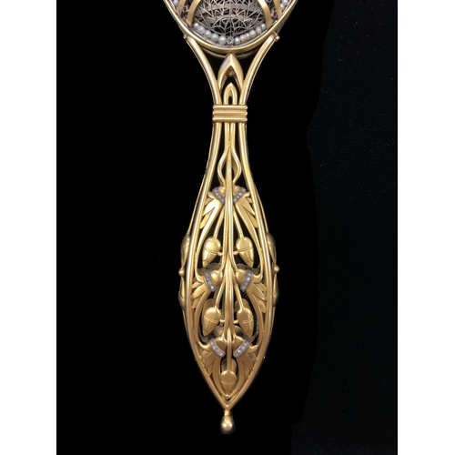 234 - IMPORTANT GEM SET HAND FAN, 18 ct yellow gold frame, the handle of openwork floral design, sprouting... 