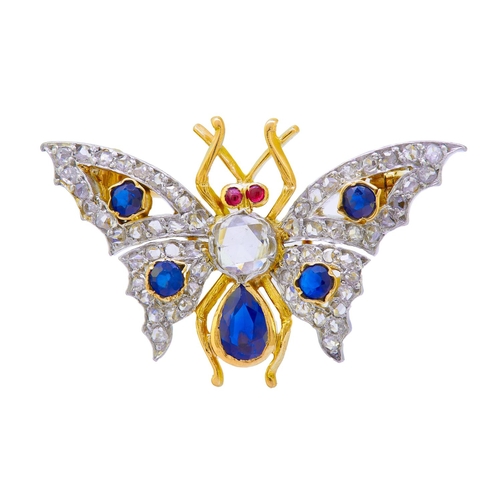 250 - DIAMOND SAPPHIRE AND RUBY BUTTERFLY BROOCH, set with diamonds totalling approx. 0.50 ct. accentuated... 