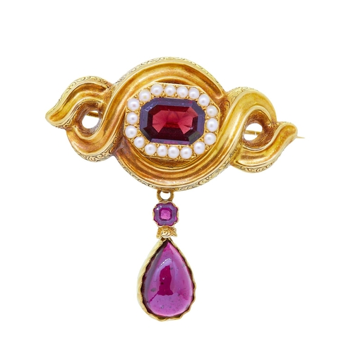 269 - ANTIQUE VICTORIAN GARNET AND PEARL DROP BROOCH, set to the centre with an octagonal cut garnet, surr... 